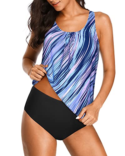 Modest And Comfy Tankini Swimsuits For Young Ladies-Blue And Black Stripe