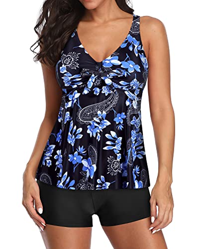 Women's Adjustable Wide Shoulder Straps Tankini Swimsuits-Blue Paisley