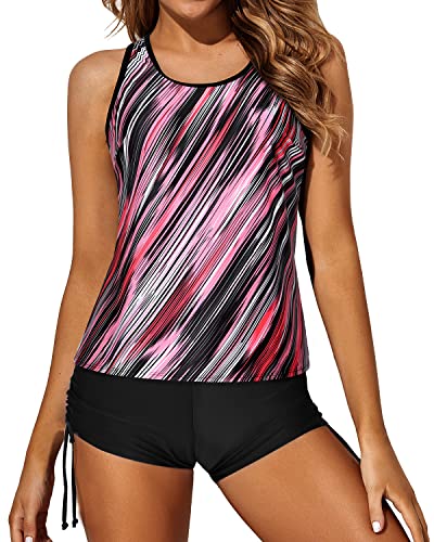 Strappy Criss Cross Straps Tankini Swimsuits For Women-Black And Pink Stripes
