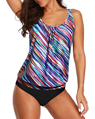 Slimming Athletic Blouson Tankini Swimsuits For Women-Color Oblique Stripe