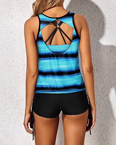 Modest 3 Piece Swimsuit O-Ring Detail Backless Tankini-Blue And Black Stripes