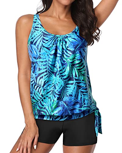 Boyleg Bottoms Padded Bra Tankini Bathing Suit For Women-Dark Blue Green Leaves