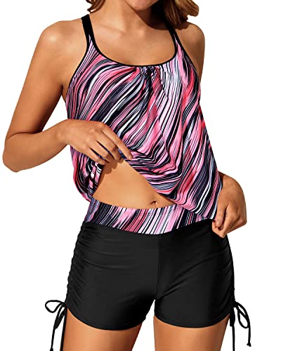 Full Coverage Slimming Tummy Control Womens Blouson Tankini Swimsuits-Pink Stripe