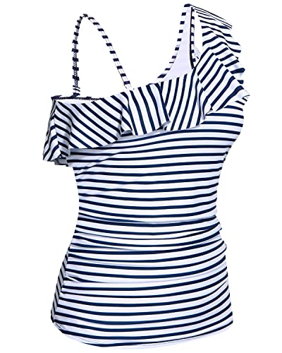 Flattering And Cute One Shoulder Tankini Tops Push Up Bra For Women-Blue And White Stripes