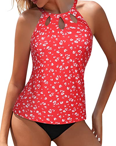 Flattering High Neck Tummy Control Tankini Swimsuit For Women-Red Floral