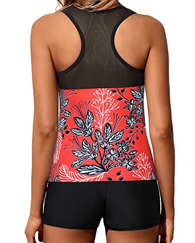 Racerback Tank Top And Boy Shorts Two Piece Bathing Suit For Women-Red Floral