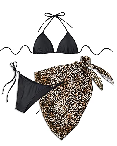 Flirty Triangle Bikini Mesh Skirt Chic 3-Piece Bikini Set-Black Leopard