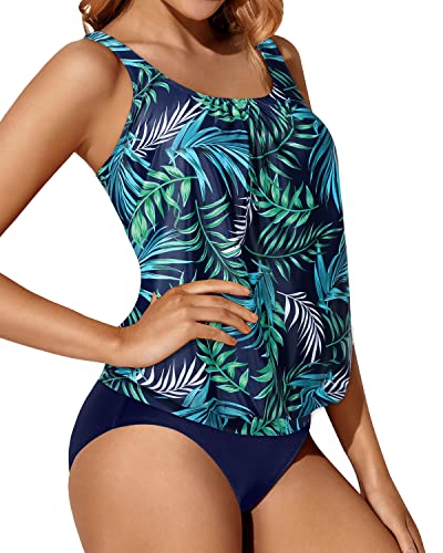 Athletic Blouson Tankini Two Piece Set For Comfortable Swimwear-Blue Leaf
