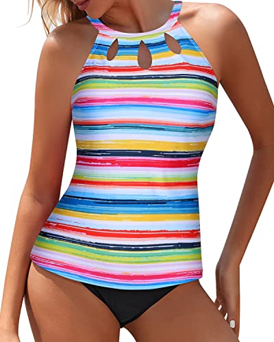 Laides Keyhole Design Tankini 2 Piece High Neck Bathing Suit-Striped And Black