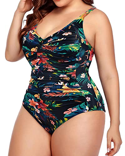 One Piece Swimsuits Tummy Control Bathing Suits Twist Front Ruched Swimwear-Black Flower