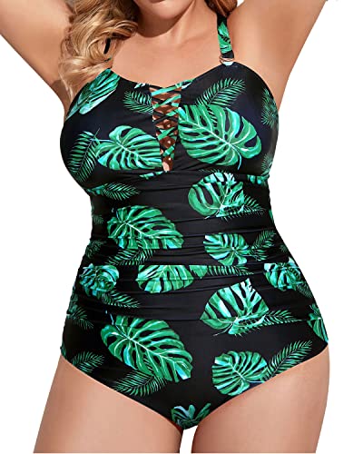 Women's Plus Size Lace Up Swimwear Tummy Control Bathing Suit-Black And Green Leaf