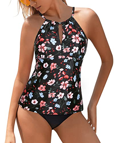 High Neck Two Piece Swimsuits For Women Triangle Bottom Modest Bathing Suit-Black And Pink Floral