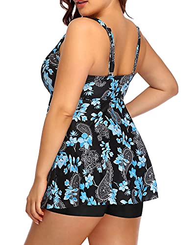Plus Size 2 Piece Tankini Swimsuits Shorts Tummy Control Swimwear-Black Floral