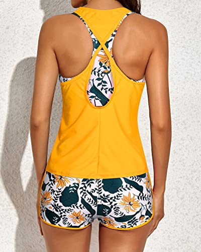 U-Neck Tankini Shorts For Women's Athletic Swimwear-Yellow Floral