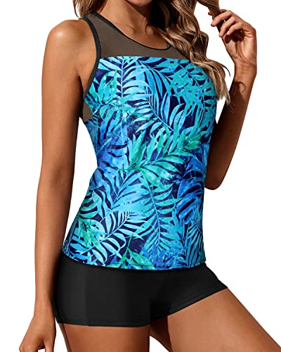 Flattering Racerback Tank Top Boy Shorts For Junior Girls' Swimsuits-Dark Blue Green Leaves