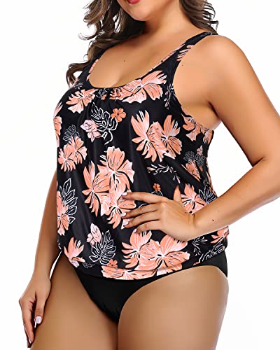 Women's Plus Size Two Piece Blouson Tankini Swimsuit-Black Orange Floral