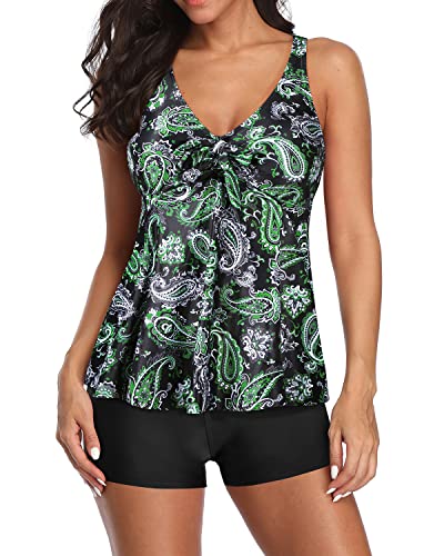 Women's Soft And Comfortable High Quality Fabric Tankini Swimsuits-Black Green Paisley