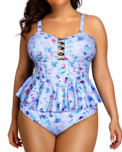 Lace Up Peplum Tankini Tops High Waisted Swimwear For Women-Blue Tie Dye