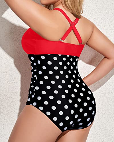 Full Coverage Plus Size Criss Cross Back Lace Up One Piece Swimsuit-Red And Black Dot