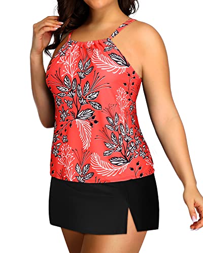 High Neck Plus Size Tankini Skirt Swimsuits For Women-Red Floral