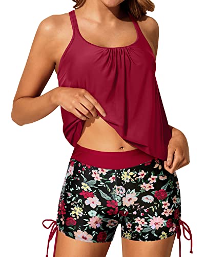 Slimming Tummy Control Blouson Tankini Two Piece Swimsuit Shorts-Red Floral