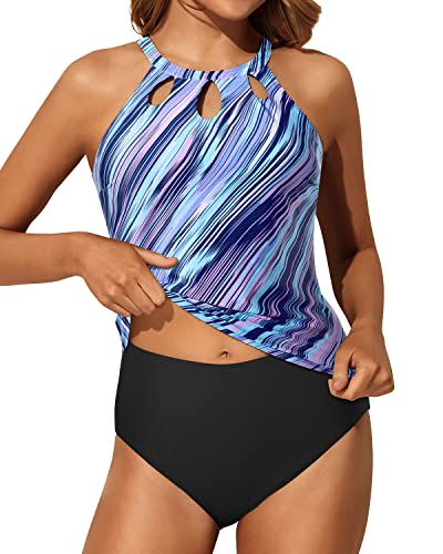 Keyhole Backless Tankini Bathing Suit High Waisted Swim Shorts For Women-Blue And Black Stripe