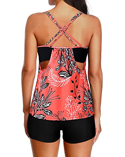 Athletic Tank Top Boy Shorts Two Piece Tankini Swimsuits For Women-Red Floral