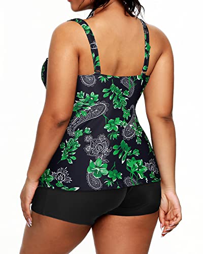 Athletic Plus Size Tankini Shorts Tummy Control Two Piece Swimsuits-Green Paisley