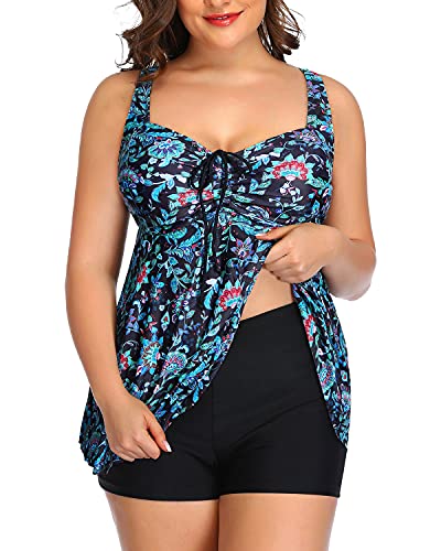 Push Up Padded Bra Tankini Swimsuits Plus Size Flowy Swimwear For Women-Green And Balck Floral