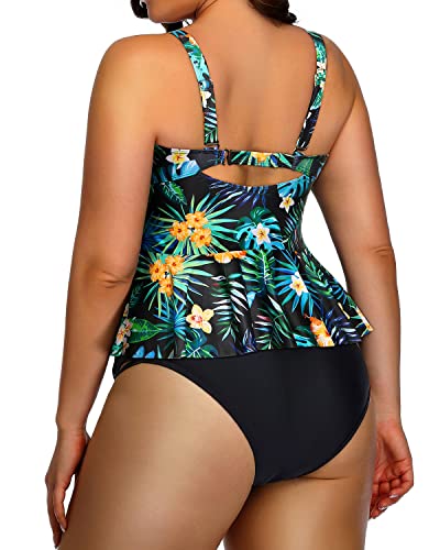Peplum Tankini Tops And High Waisted Swimwear For Women Plus Size Swimsuits-Black Leaf