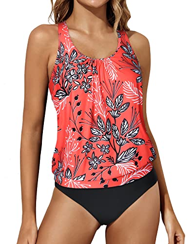 Racerback Tank Tops Bottoms Blouson Swimwear For Women-Red Floral