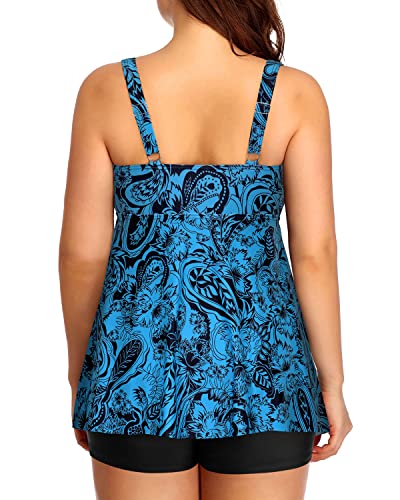 Plus Size Flyaway Bathing Suits Adjustable Shoulder Straps-Black And Tribal Blue