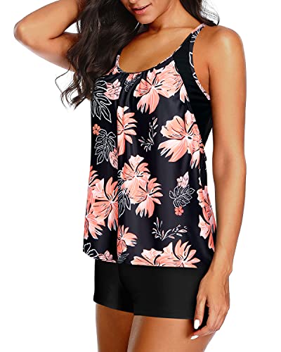 Double Up Tankini Top Boy Shorts Tankini Swimsuits For Women-Black And Orange Floral