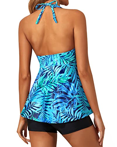 Two Piece Tankini Swimsuits For Women Shorts Flowy Twist Front Swimwear-Dark Blue Green Leaves