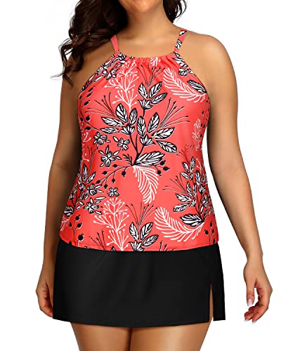 High Neck Plus Size Tankini Skirt Swimsuits For Women-Red Floral