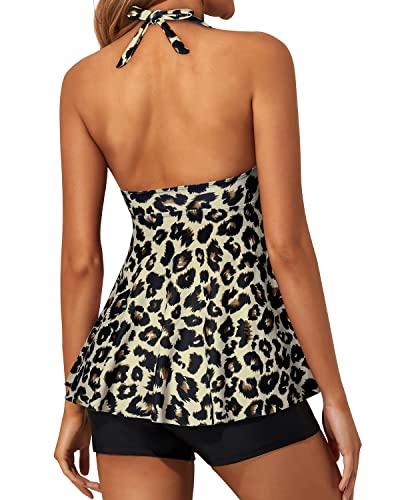 Women's 2 Piece Halter Tankini Swimsuit Boy Shorts And Push Up Padded Bra-Black And Leopard