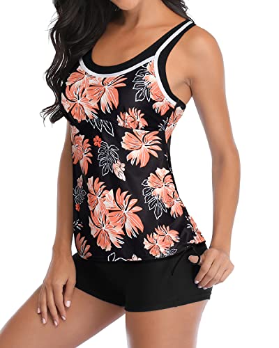 Women's Two Piece Tankini Swimsuits Shorts Athletic Bathing Suits-Black Orange Floral