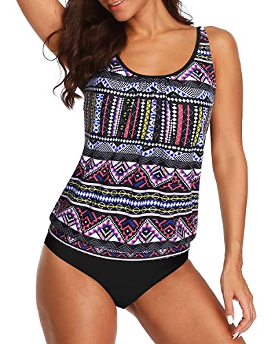 Comfy And Supportive Athletic Swimwear Two Piece Tankini Set For Women-Black Tribal