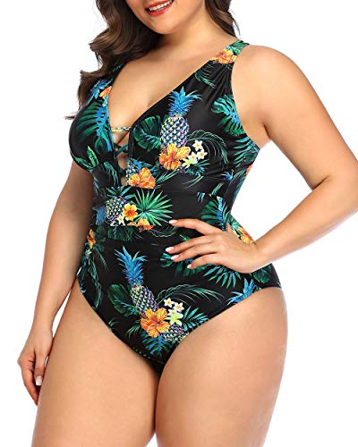 Sexy Deep V Neck Plus Size One Piece Swimsuit For Women-Black Pineapple