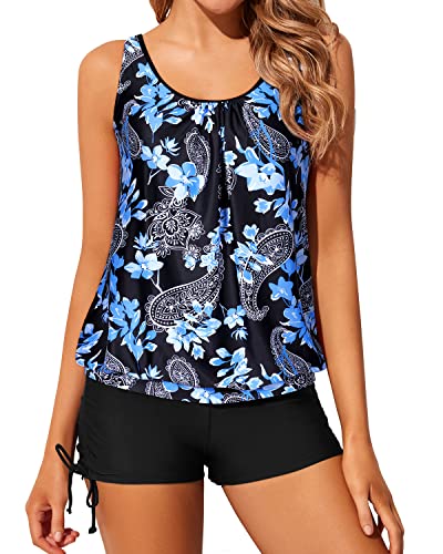 Loose Fit Bathing Suits For Women Blouson Tankini Swimsuits-Black Floral