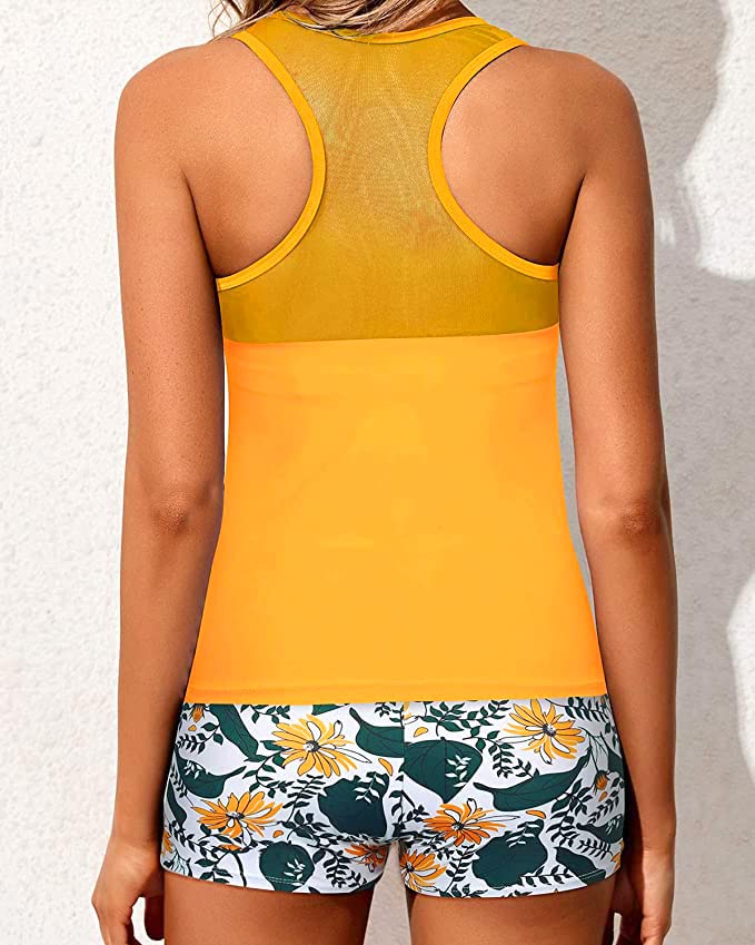 Athletic Two Piece Tankini Swimsuits For Girls Racerback Tank Tops-Yellow Floral