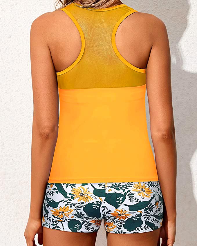 Athletic Two Piece Tankini Swimsuits For Girls Racerback Tank Tops-Yellow Floral