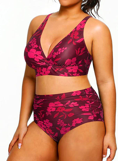 V Neck Plus Size Bikini High Waisted Swimsuits Tummy Control Swimwear-Red Flower