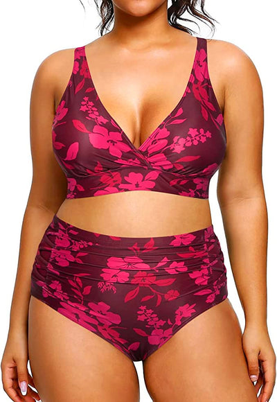 V Neck Plus Size Bikini High Waisted Swimsuits Tummy Control Swimwear-Red Flower
