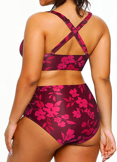 V Neck Plus Size Bikini High Waisted Swimsuits Tummy Control Swimwear-Red Flower